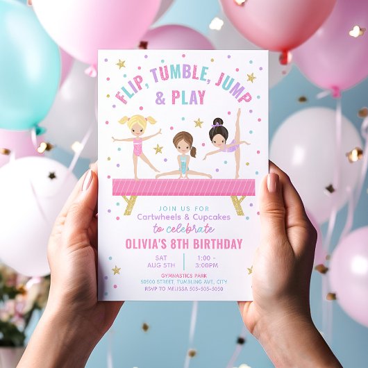 Gymnastiek Tumble Roze Verjaardag Uitnodiging
