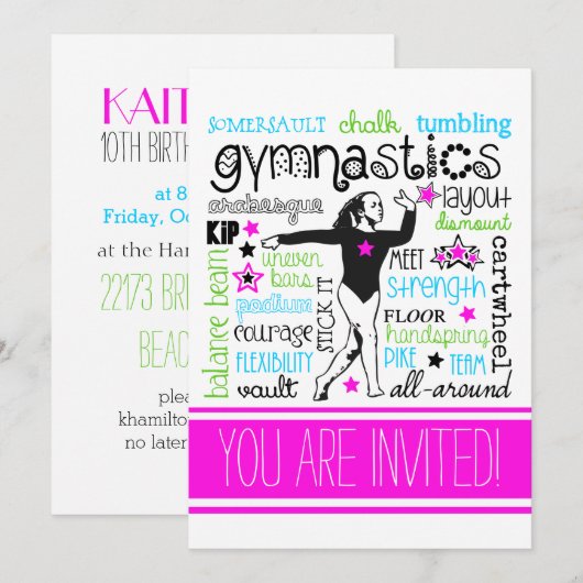 Gymnastiek Typografie Party Uitnodiging (Voorkant / Achterkant)