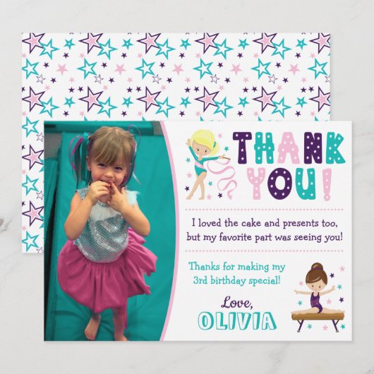 Gymnastiek Verjaardag Dank u kaart met foto (Voorkant / Achterkant)