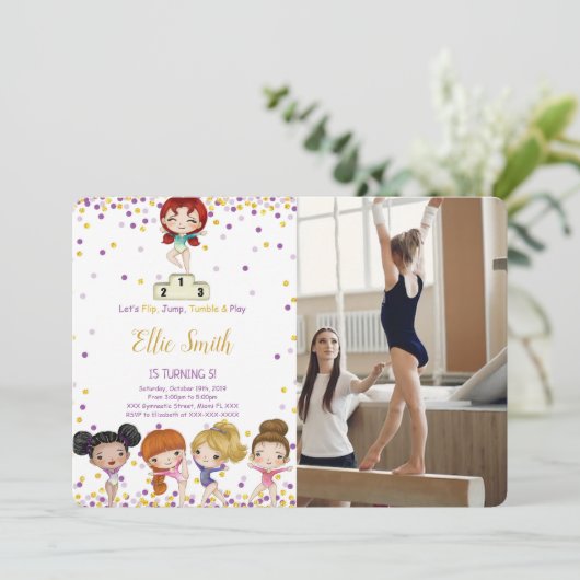 Gymnastiek Verjaardag Foto uitnodiging (Staand voorkant)