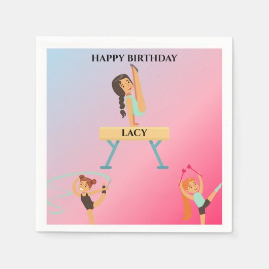 Gymnastiek verjaardag servetten gepersonaliseerd. (Voorkant)