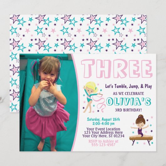 Gymnastiek Verjaardag Uitnodiging met Foto (Voorkant / Achterkant)