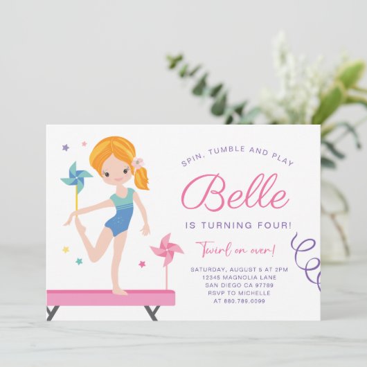 Gymnastiek Verjaardag Uitnodiging met Pinwheels (Staand voorkant)