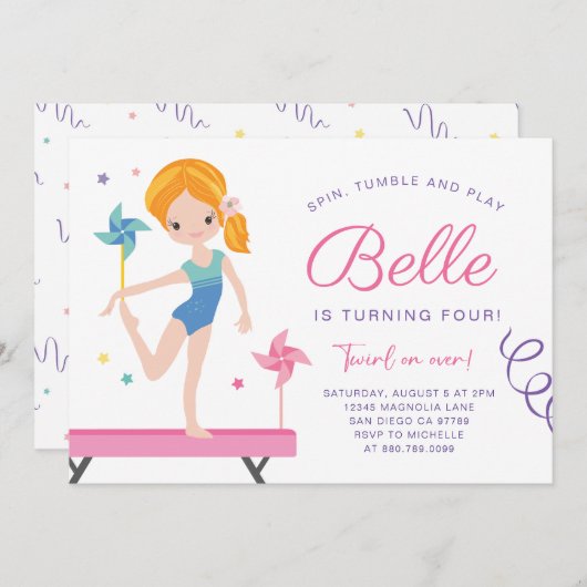 Gymnastiek Verjaardag Uitnodiging met Pinwheels (Voorkant / Achterkant)