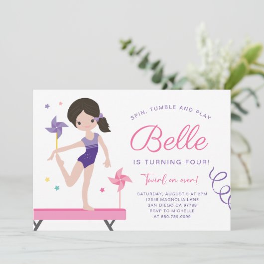 Gymnastiek Verjaardag Uitnodiging met Pinwheels (Staand voorkant)