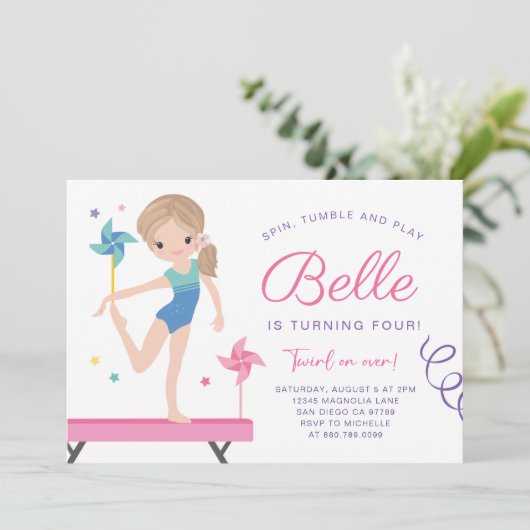 Gymnastiek Verjaardag Uitnodiging met Pinwheels (Staand voorkant)