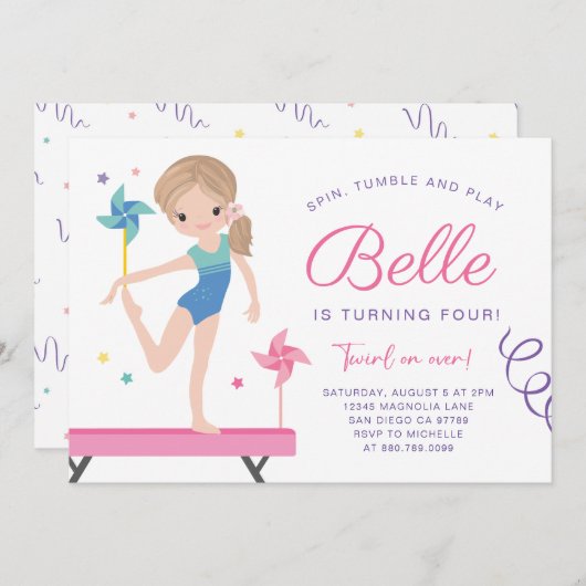 Gymnastiek Verjaardag Uitnodiging met Pinwheels (Voorkant / Achterkant)