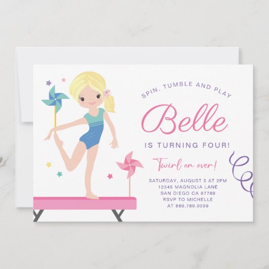 Gymnastiek Verjaardag Uitnodiging met Pinwheels (Voorkant)