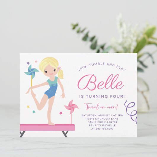 Gymnastiek Verjaardag Uitnodiging met Pinwheels (Staand voorkant)