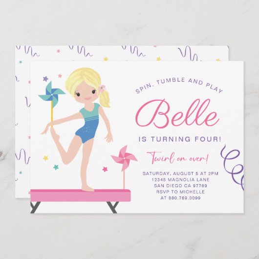 Gymnastiek Verjaardag Uitnodiging met Pinwheels (Voorkant / Achterkant)