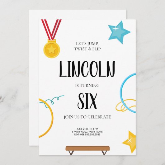 Gymnastiek Verjaardag Uitnodiging voor jongens (Voorkant / Achterkant)