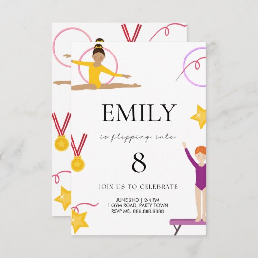 Gymnastiek Verjaardag uitnodiging voor kinderen (Voorkant / Achterkant)