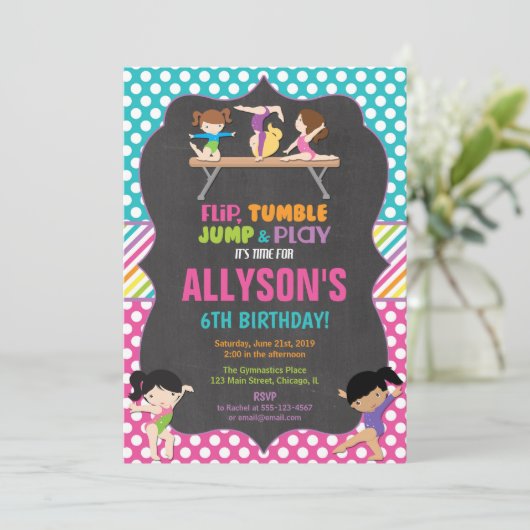 Gymnastiek verjaardagsfeestje meisje kaart (Staand voorkant)