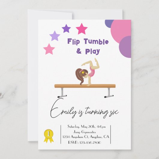 Gymnastiek Verjaardagsfeestje Meisje Roze Uitnodig Kaart (Voorkant)