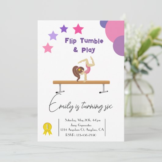 Gymnastiek Verjaardagsfeestje Meisje Roze Uitnodig Kaart (Staand voorkant)