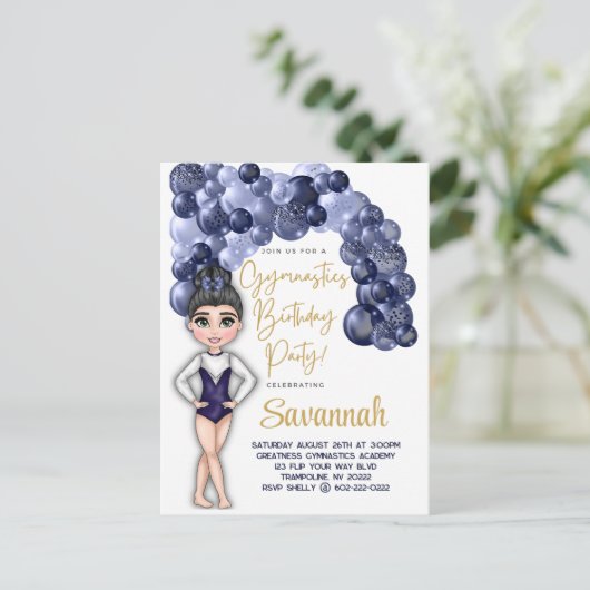 Gymnastiek Verjaardagsfeestje met Blauwe Ballonboo Briefkaart (Staand voorkant)