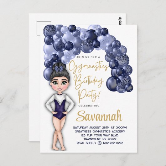 Gymnastiek Verjaardagsfeestje met Blauwe Ballonboo Briefkaart (Voorkant / Achterkant)