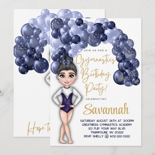 Gymnastiek Verjaardagsfeestje met Blauwe Ballonboo Kaart (Voorkant / Achterkant)