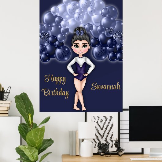 Gymnastiek Verjaardagsfeestje met Blauwe Ballonboo Poster (Thuiskantoor)