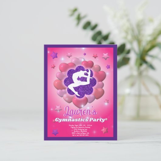 Gymnastiek Verjaardagsfeestje Roze Paarse Uitnodig Briefkaart (Staand voorkant)