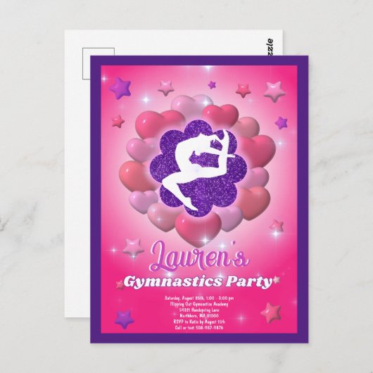 Gymnastiek Verjaardagsfeestje Roze Paarse Uitnodig Briefkaart (Voorkant / Achterkant)