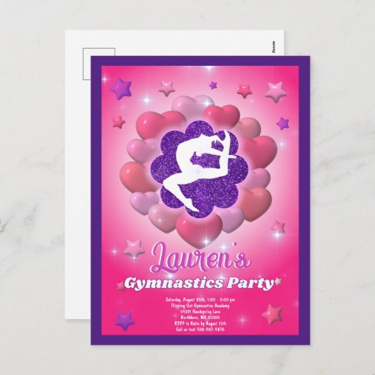 Gymnastiek Verjaardagsfeestje Roze Paarse Uitnodig Feestdagenkaart (Voorkant / Achterkant)