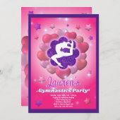 Gymnastiek Verjaardagsfeestje Roze Paarse Uitnodig Kaart (Voorkant / Achterkant)