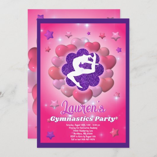 Gymnastiek Verjaardagsfeestje Roze Paarse Uitnodig Kaart (Voorkant / Achterkant)