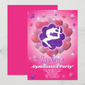 Gymnastiek Verjaardagsfeestje Roze Paarse Uitnodig Kaart (Voorkant / Achterkant)