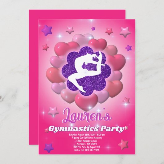 Gymnastiek Verjaardagsfeestje Roze Paarse Uitnodig Kaart (Voorkant / Achterkant)