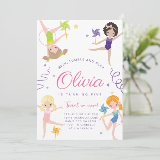 Gymnastiek Verjaardagsfeestuitnodiging · Pinwheels Kaart (Staand voorkant)