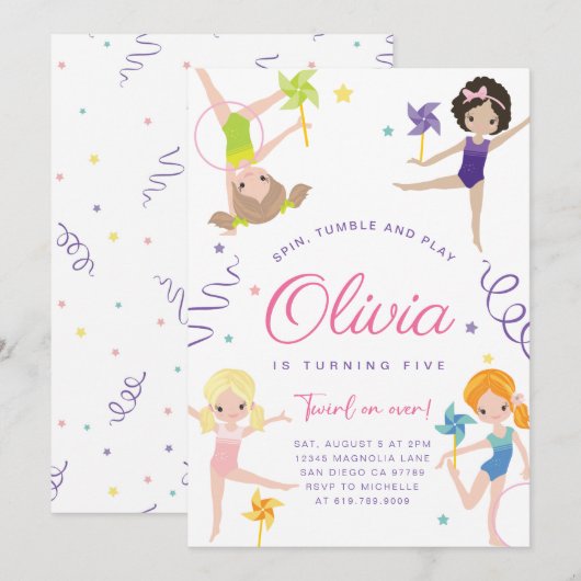 Gymnastiek Verjaardagsfeestuitnodiging · Pinwheels Kaart (Voorkant / Achterkant)