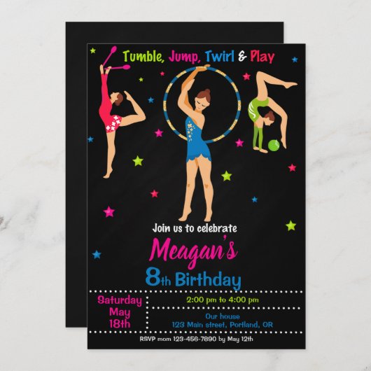 Gymnastiek verjaardagsuitnodiging Meisjestumbling  Kaart (Voorkant / Achterkant)