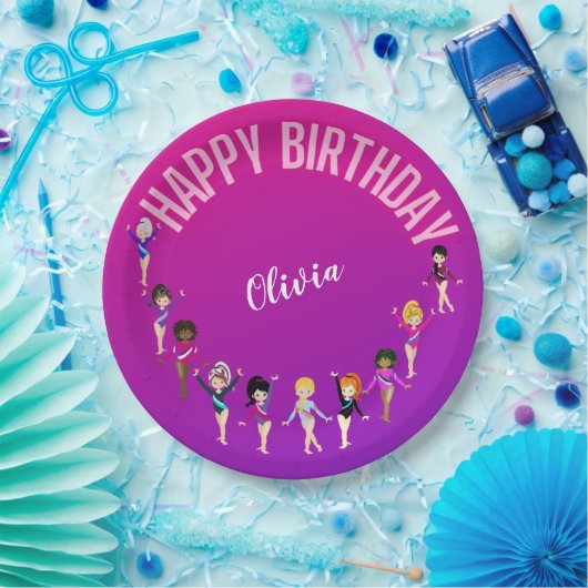 Gymnastiek Vrienden "Happy Birthday" Roze Paars Papieren Bordje (Feest)