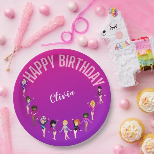 Gymnastiek Vrienden "Happy Birthday" Roze Paars Papieren Bordje (Feest)