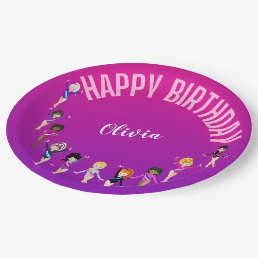 Gymnastiek Vrienden "Happy Birthday" Roze Paars Papieren Bordje (Gekanteld)