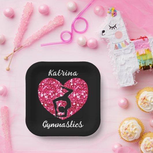Gymnastiek Zwart en Heet Roze Gepersonaliseerd Papieren Bordje (Feest)