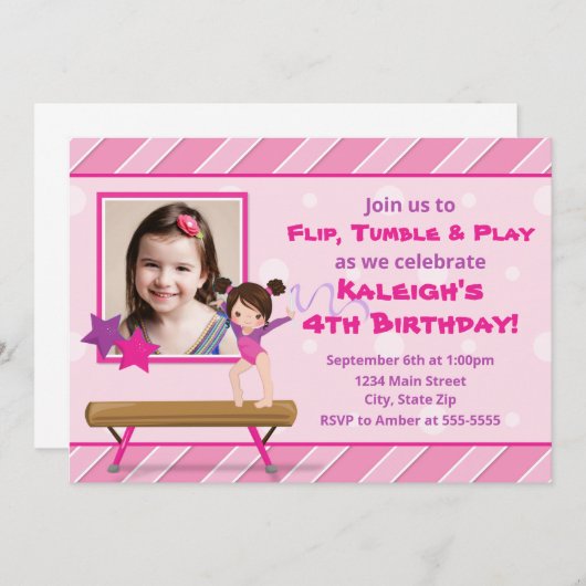 Gymnastiekpartij Birthday Uitnodiging Brunette Gir (Voorkant / Achterkant)