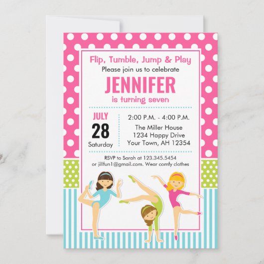 Gymnastiekpartij Birthday Uitnodiging meisjes (Voorkant)