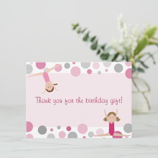 Gymnastiekpartij Flatte dank u in roze en grijs Bedankkaart (Staand voorkant)