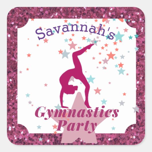 Gymnastiekpartij Glitter & Stars Vierkante Sticker (Voorkant)