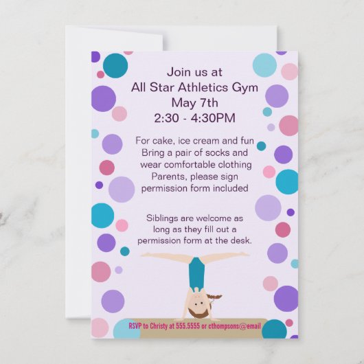 Gymnastiekpartij Uitnodiging Paars, Blauwgroen en  (Achterkant)