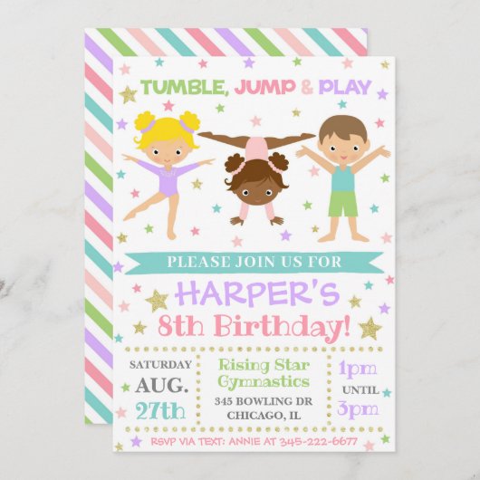 Gymnastiekuitnodiging | Gymnastiek Birthday Invite Kaart (Voorkant / Achterkant)