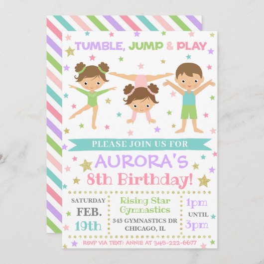 Gymnastiekuitnodiging | Gymnastiek Birthday Invite Kaart (Voorkant / Achterkant)