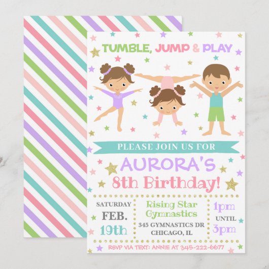Gymnastiekuitnodiging | Gymnastiek Birthday Invite Kaart (Voorkant / Achterkant)