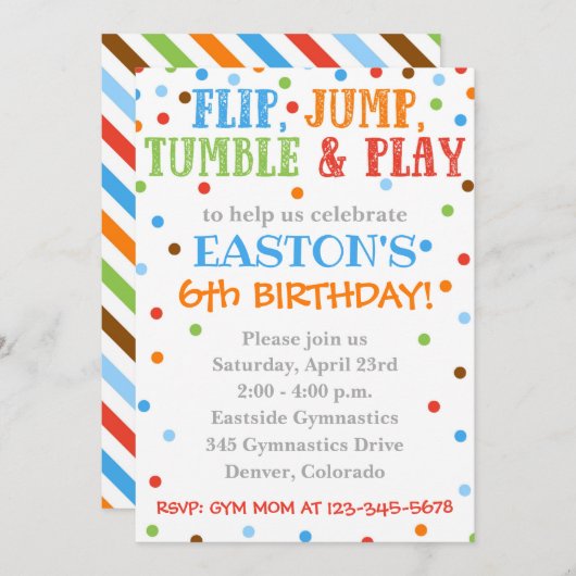 Gymnastiekuitnodiging | Gymnastiek Birthday Invite Kaart (Voorkant / Achterkant)