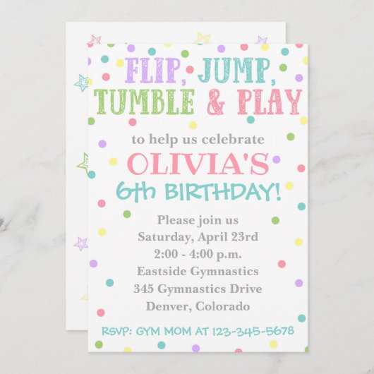 Gymnastiekuitnodiging | Gymnastiek Birthday Invite Kaart (Voorkant / Achterkant)