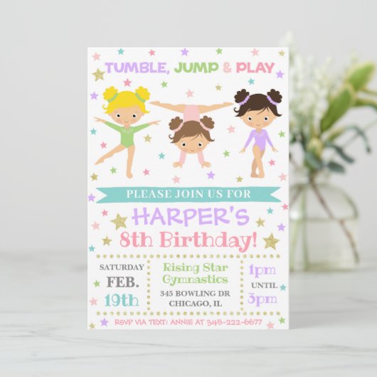 Gymnastiekuitnodiging | Gymnastiek Birthday Invite Kaart (Staand voorkant)