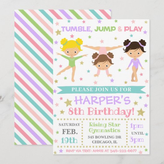 Gymnastiekuitnodiging | Gymnastiek Birthday Invite Kaart (Voorkant / Achterkant)