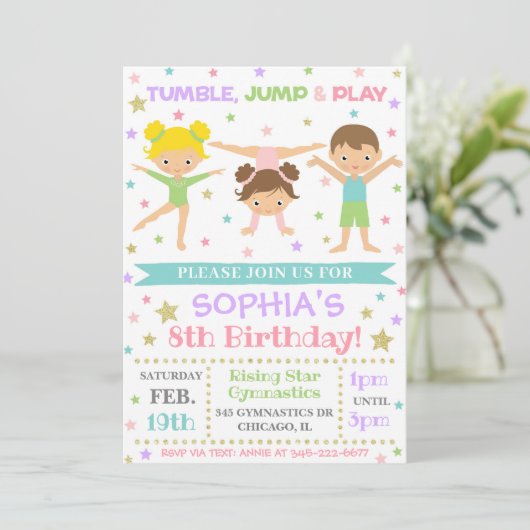 Gymnastiekuitnodiging | Gymnastiek Birthday Invite Kaart (Staand voorkant)